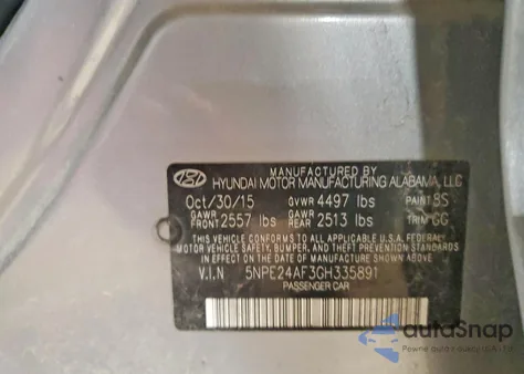 2016 Hyundai Sonata Se z USA, uszkodzony, nr VIN 5NPE24AF3GH335891